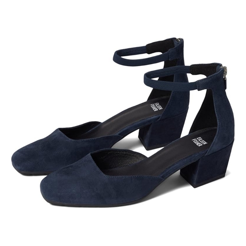 New! Eileen Fisher Veery Ankle Strap Leather Suede Pump Block Heel